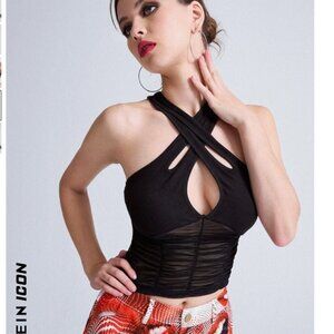 SHEIN ICON Criss Cross Cut Out Front Mesh Panel Halter Top NWOT
